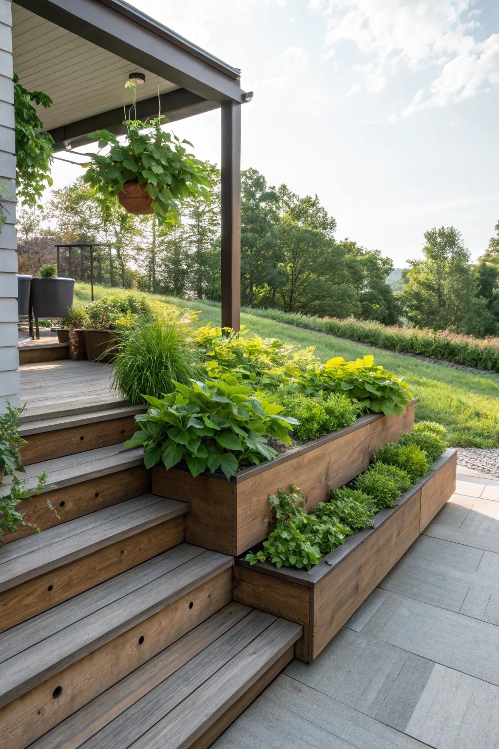 Built-in planters add a touch of nature to your deck steps.