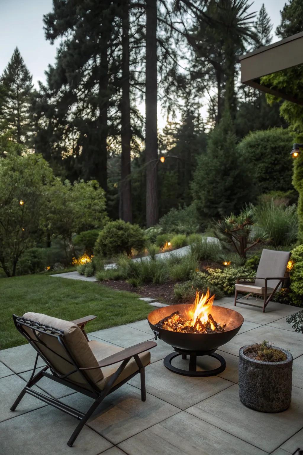 A portable fire pit provides flexibility for various patio layouts.