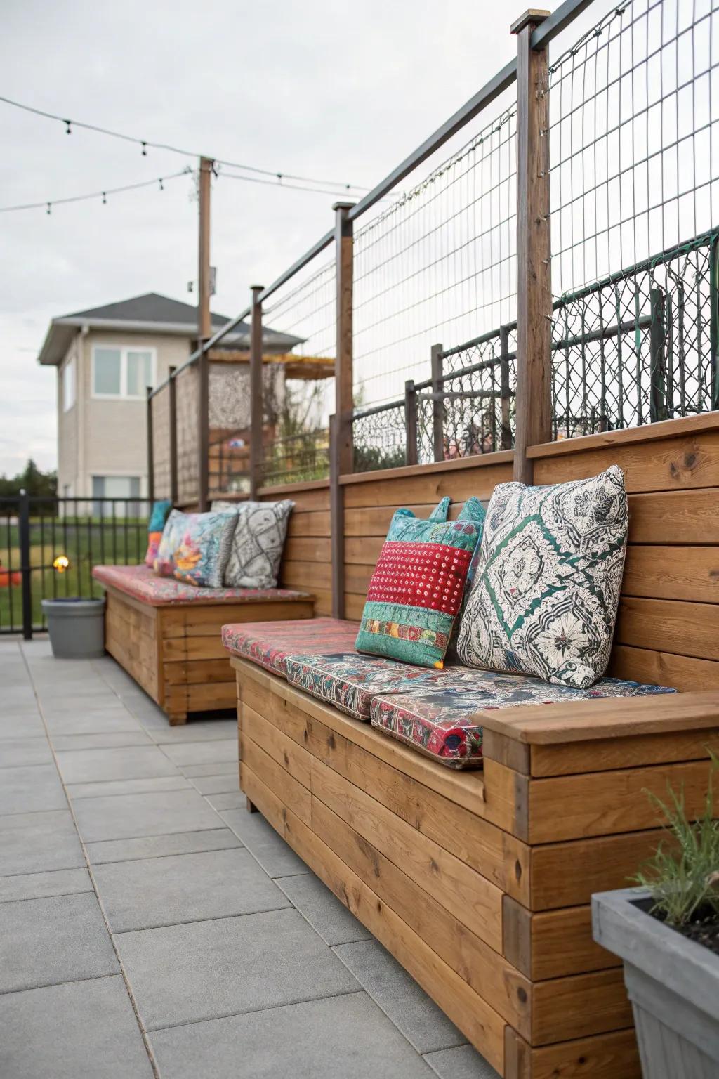 Built-in seating along your fence maximizes space and comfort.
