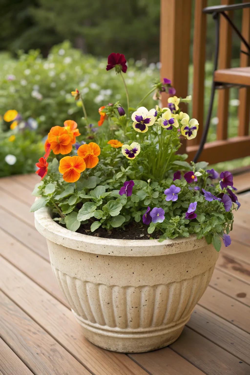 A patio planter with colorful edible flowers.