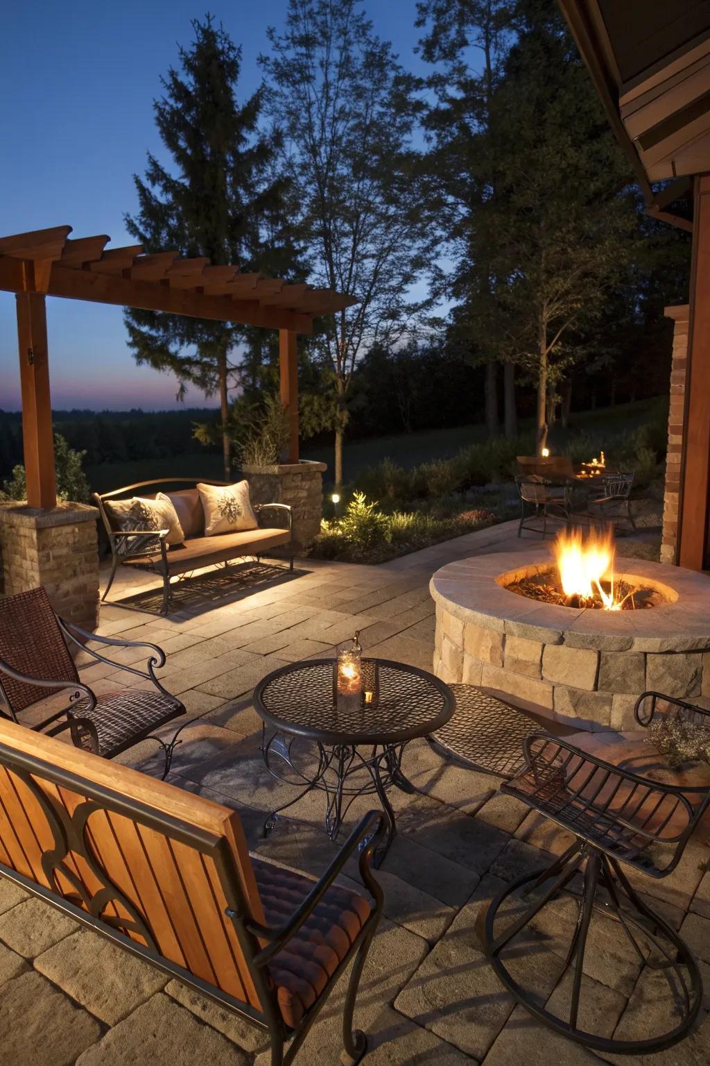 A balanced mix of wood, metal, and stone in a stylish patio setup with a fire pit.
