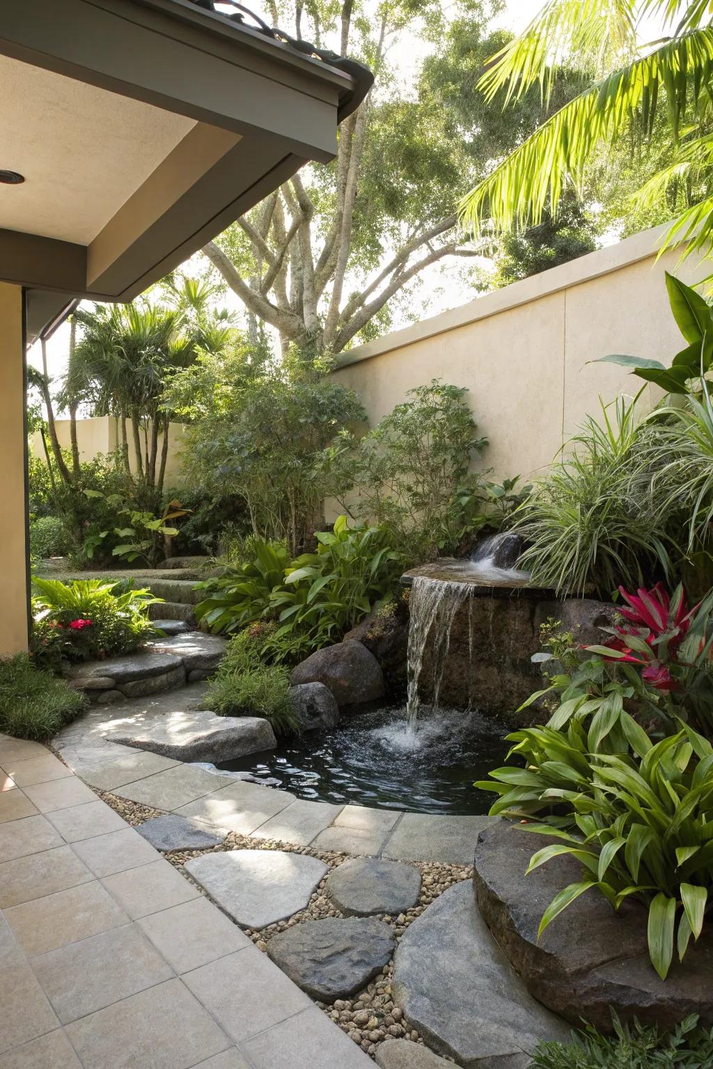 A serene water feature enhancing patio tranquility.