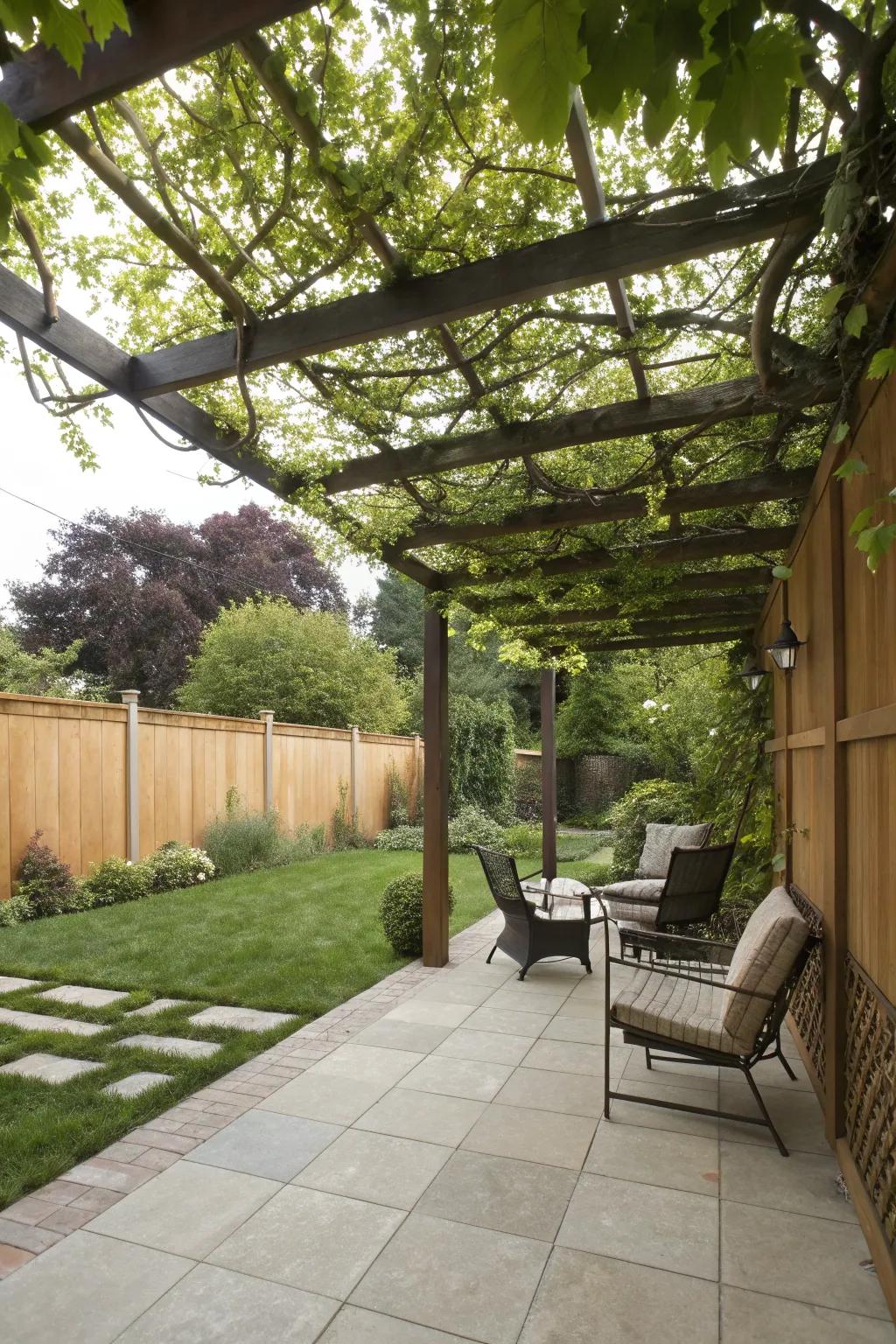 A pergola-covered patio offering shade and elegance.