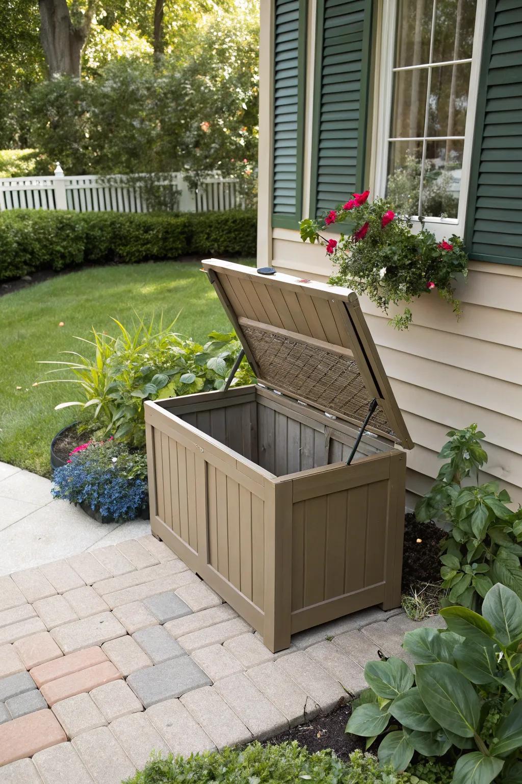 A deck box serving as both storage and seating.