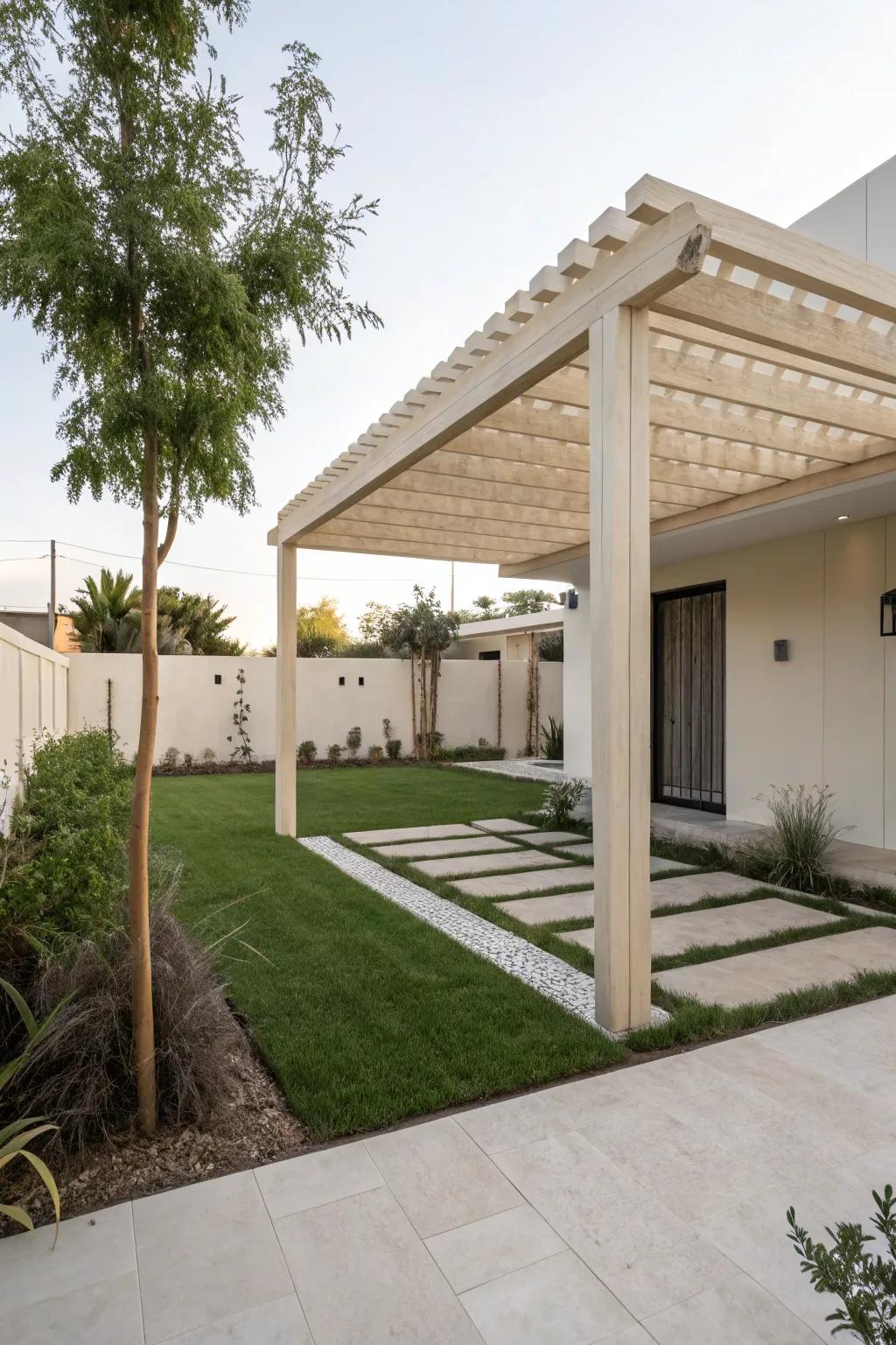 A modern minimalist pergola offers sleek elegance.