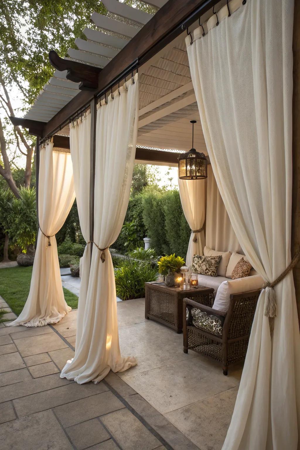 Outdoor curtains provide elegance and additional shade.