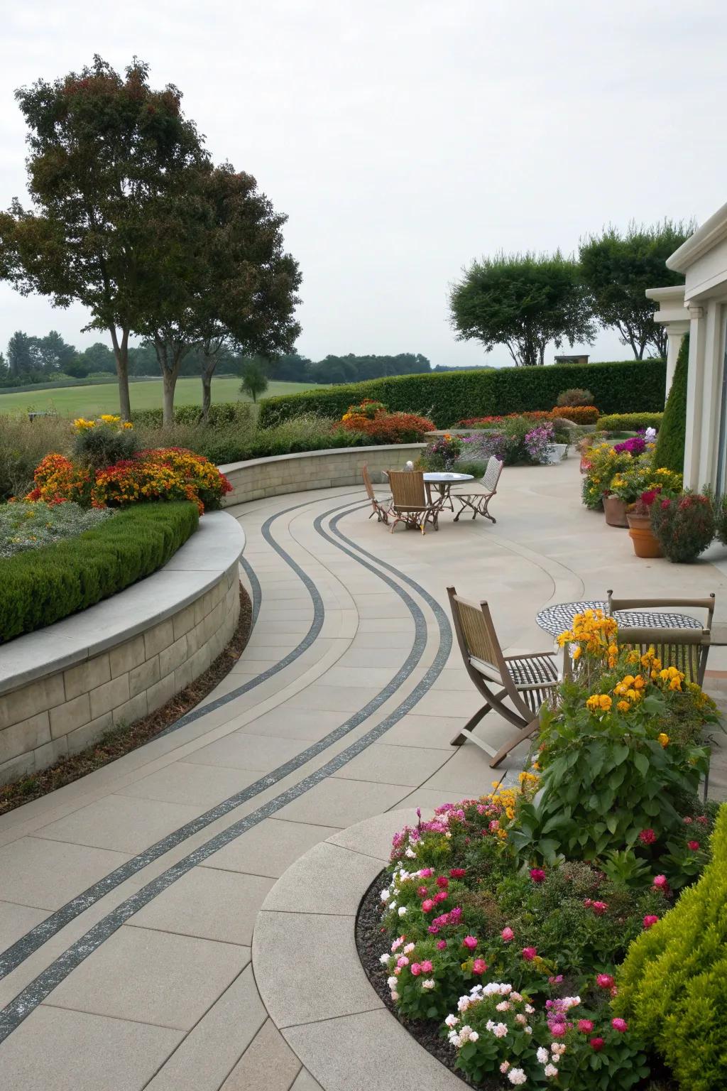 Curved patios provide a harmonious blend with nature.