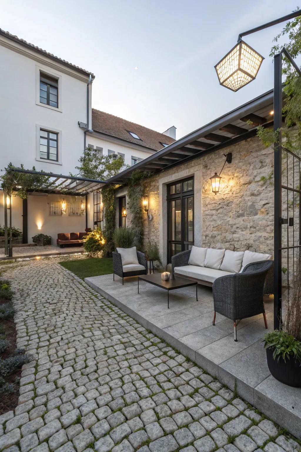 Cobblestones add vintage charm to this eclectic patio design.