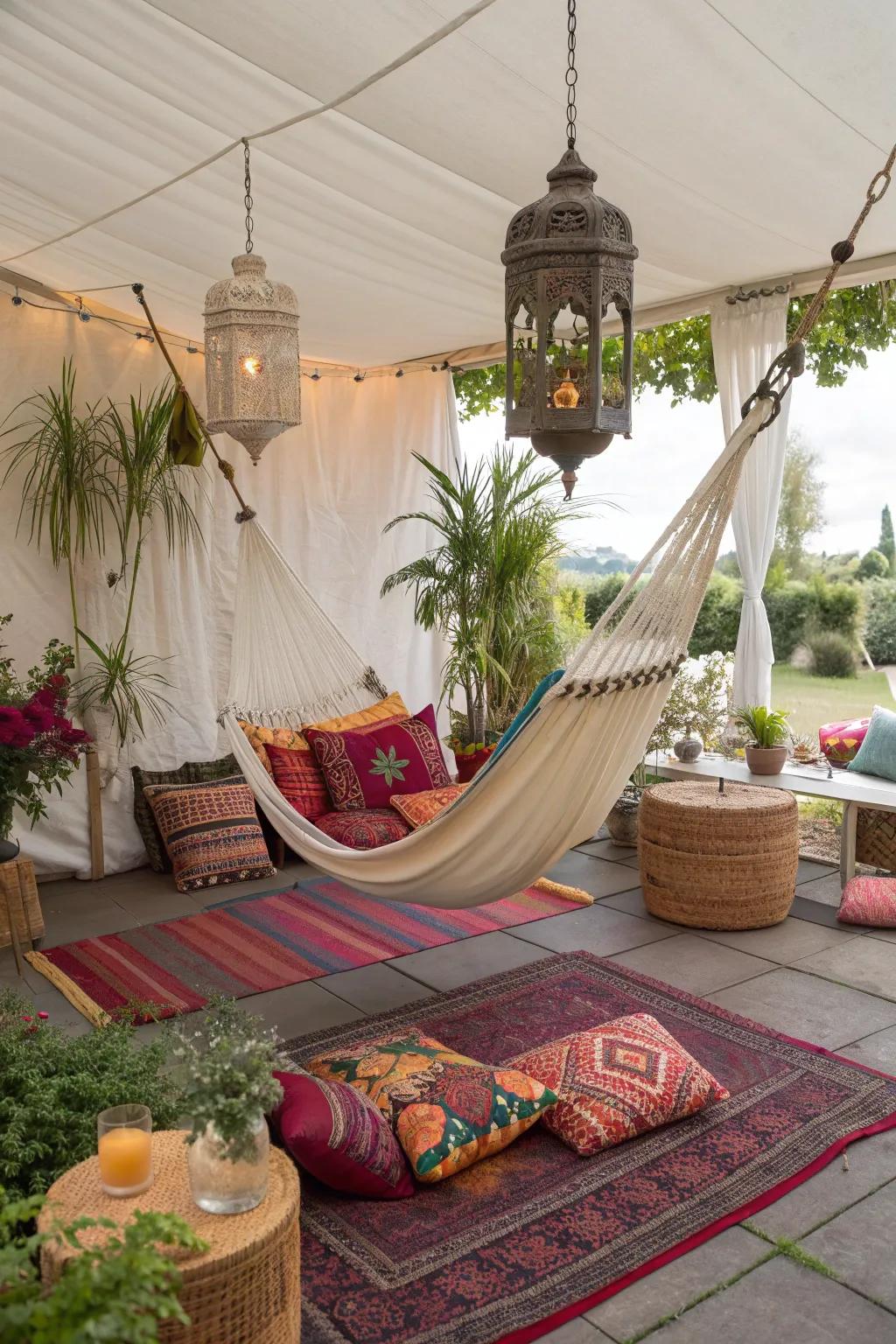 A hammock under a tent creates a bohemian paradise.