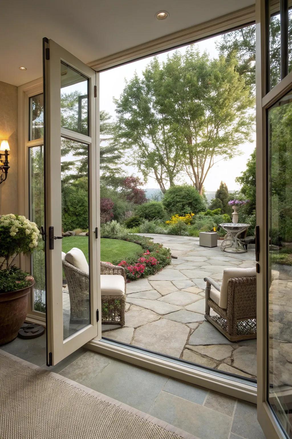 Sophisticated pivot doors leading to an elegant patio.