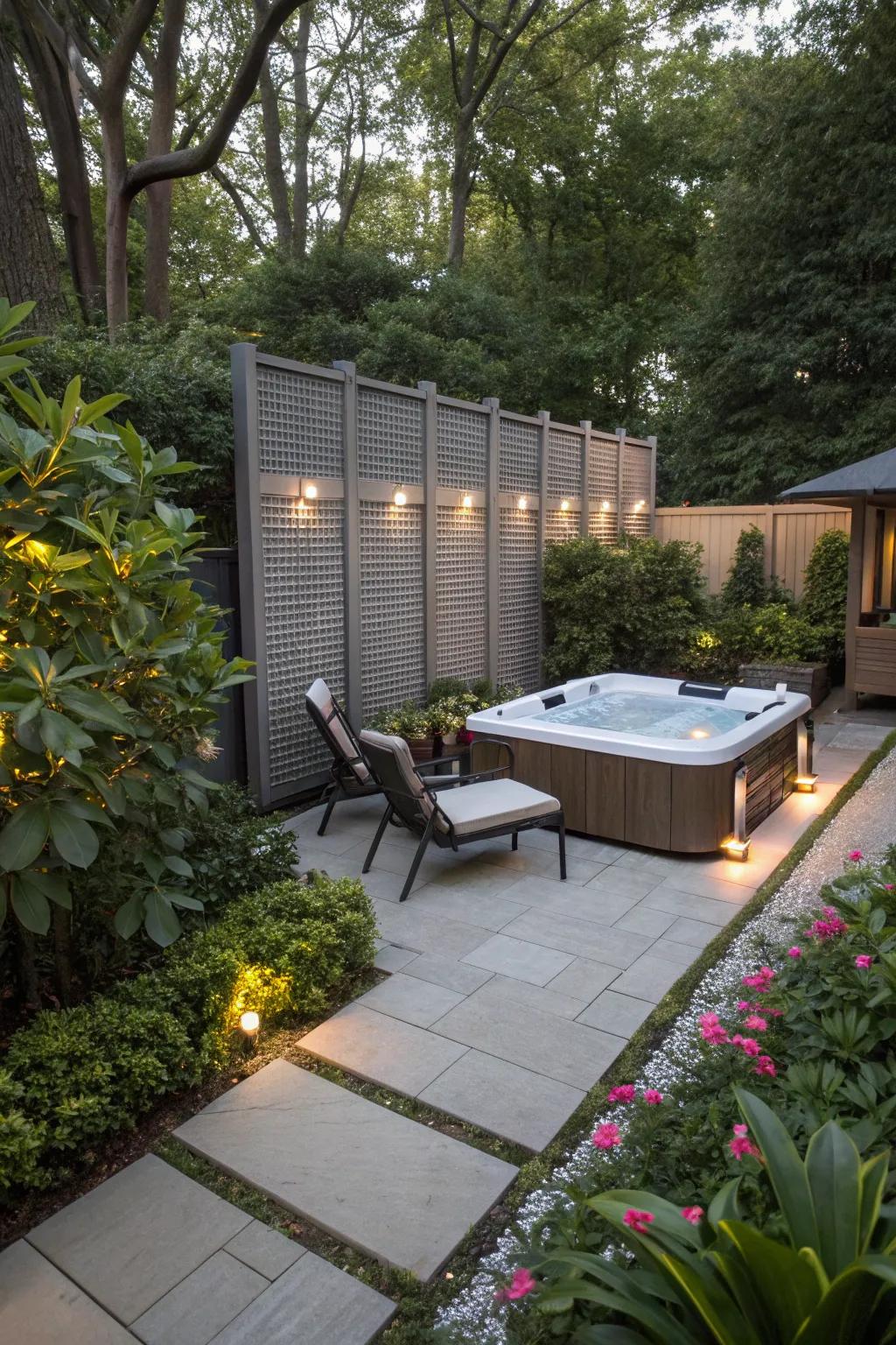 Privacy screens offer a secluded hot tub experience.