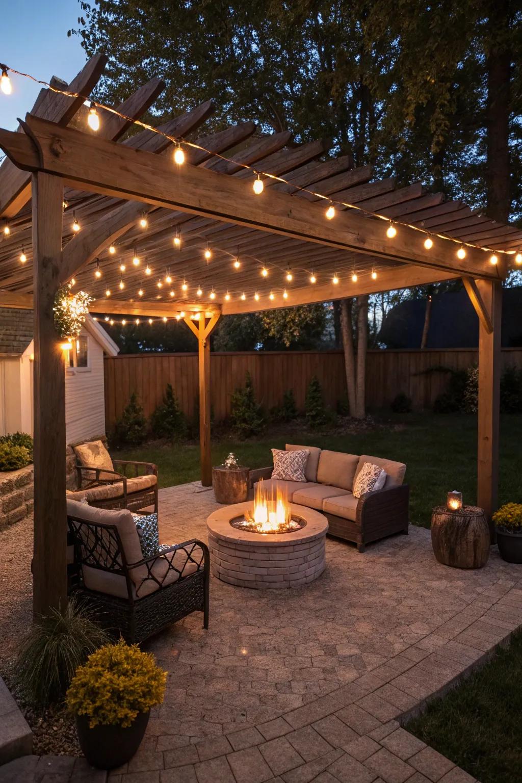 A pergola-covered fire pit area creates a cozy outdoor room.