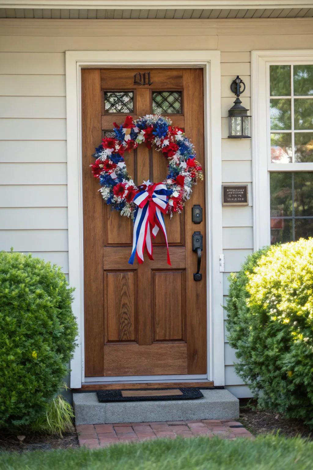 A patriotic wreath warmly welcomes visitors to the porch.