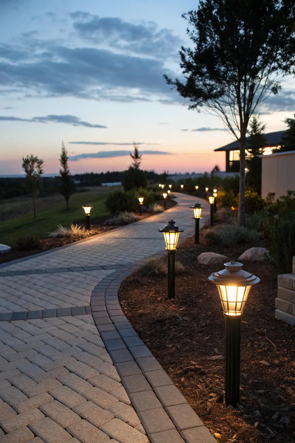 Solar-powered path lights offer a sustainable lighting solution.