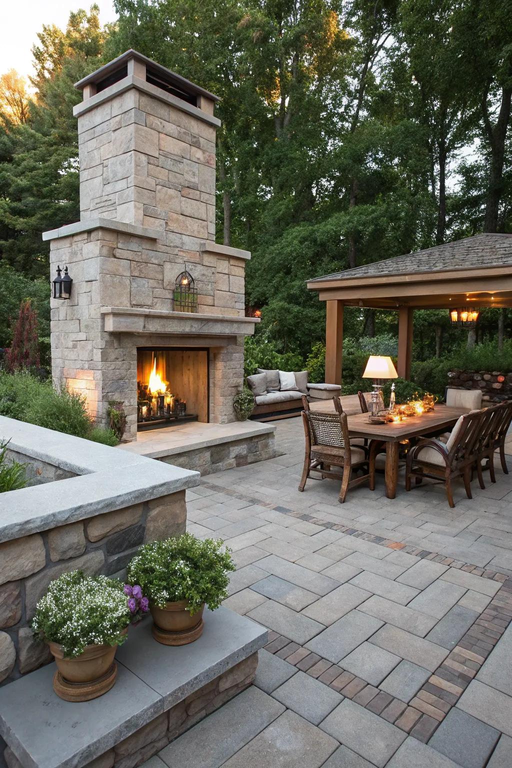 A double-sided fireplace seamlessly connecting two distinct outdoor areas.