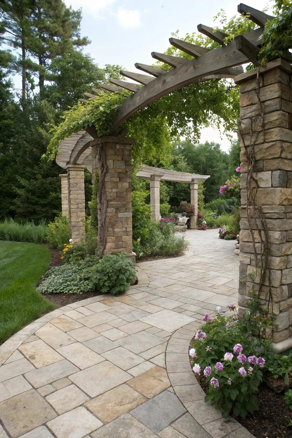 A stone pergola offers rustic charm and timeless appeal.