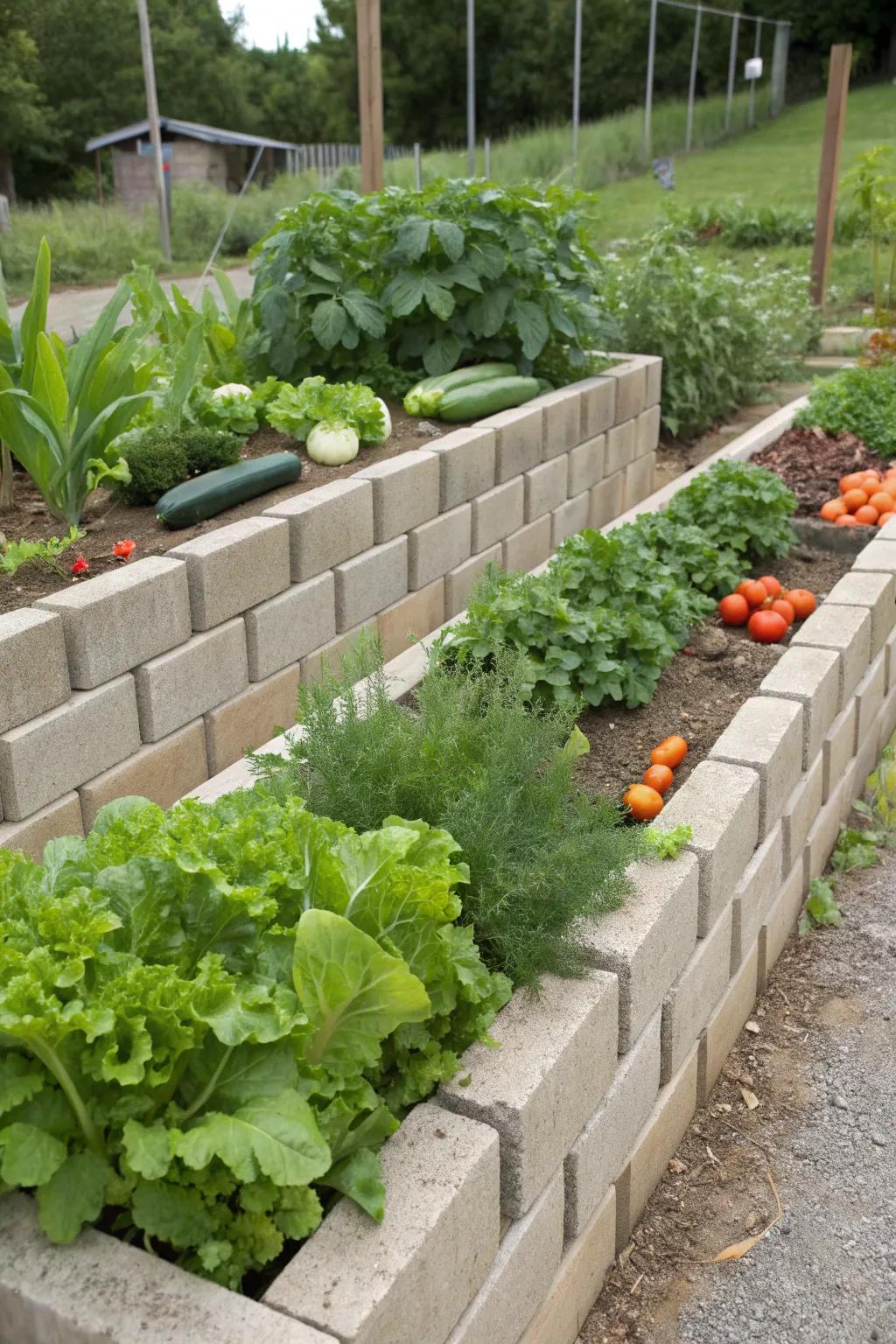 Organized raised garden beds using paver retaining walls.