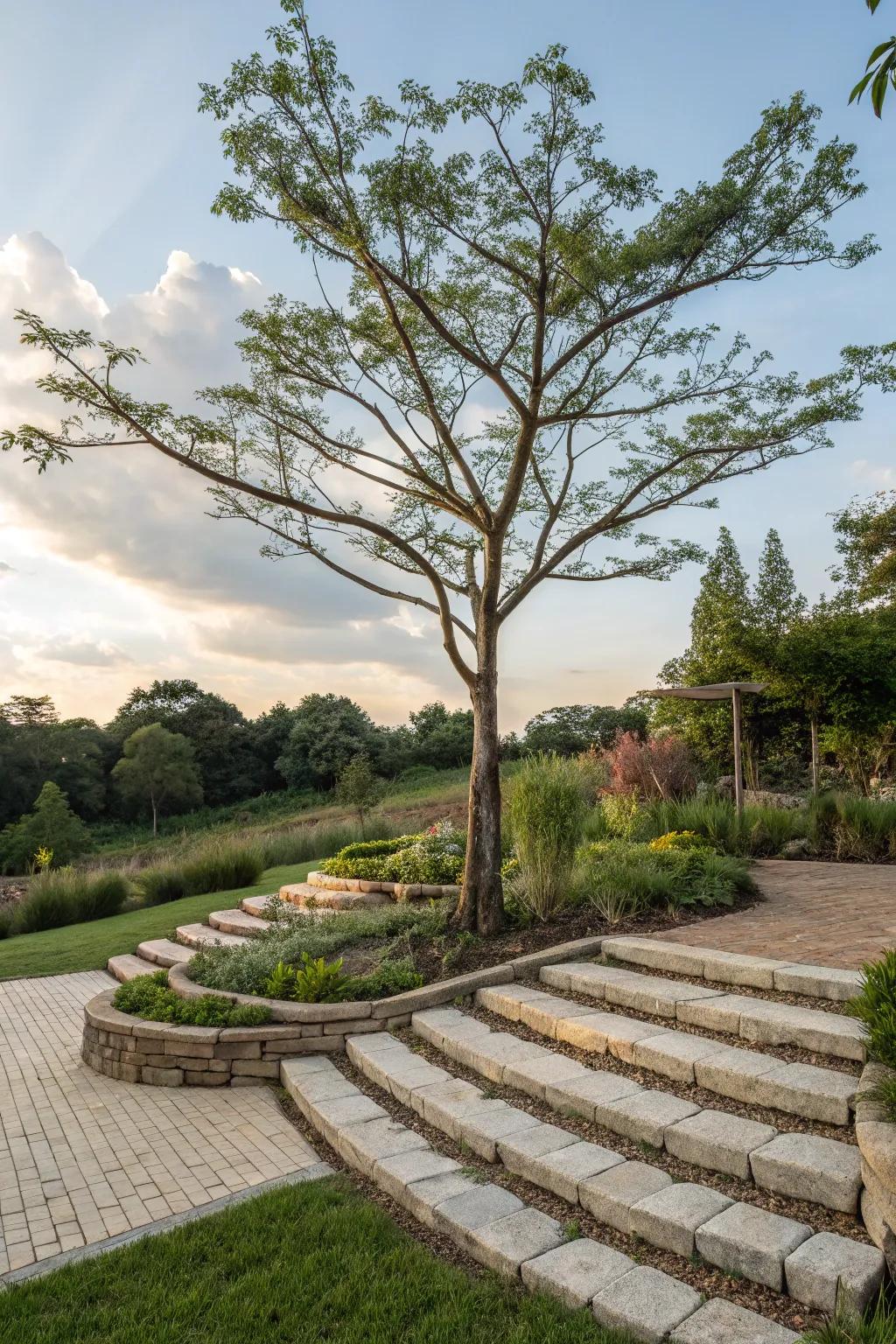 A tree surrounded by tiered paver layers, adding dimension to the garden.