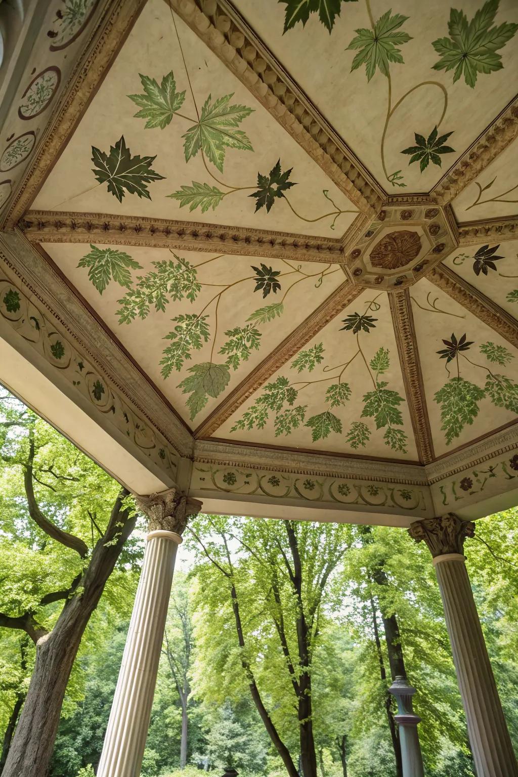 A pavilion ceiling with nature-inspired designs to blend with the great outdoors.