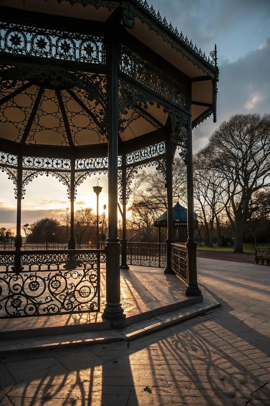 Intricate metal panels casting beautiful shadows in a pavilion.