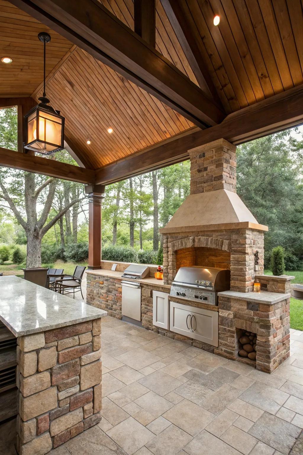 A pavilion with stone and brick elements enhancing its rustic appeal.