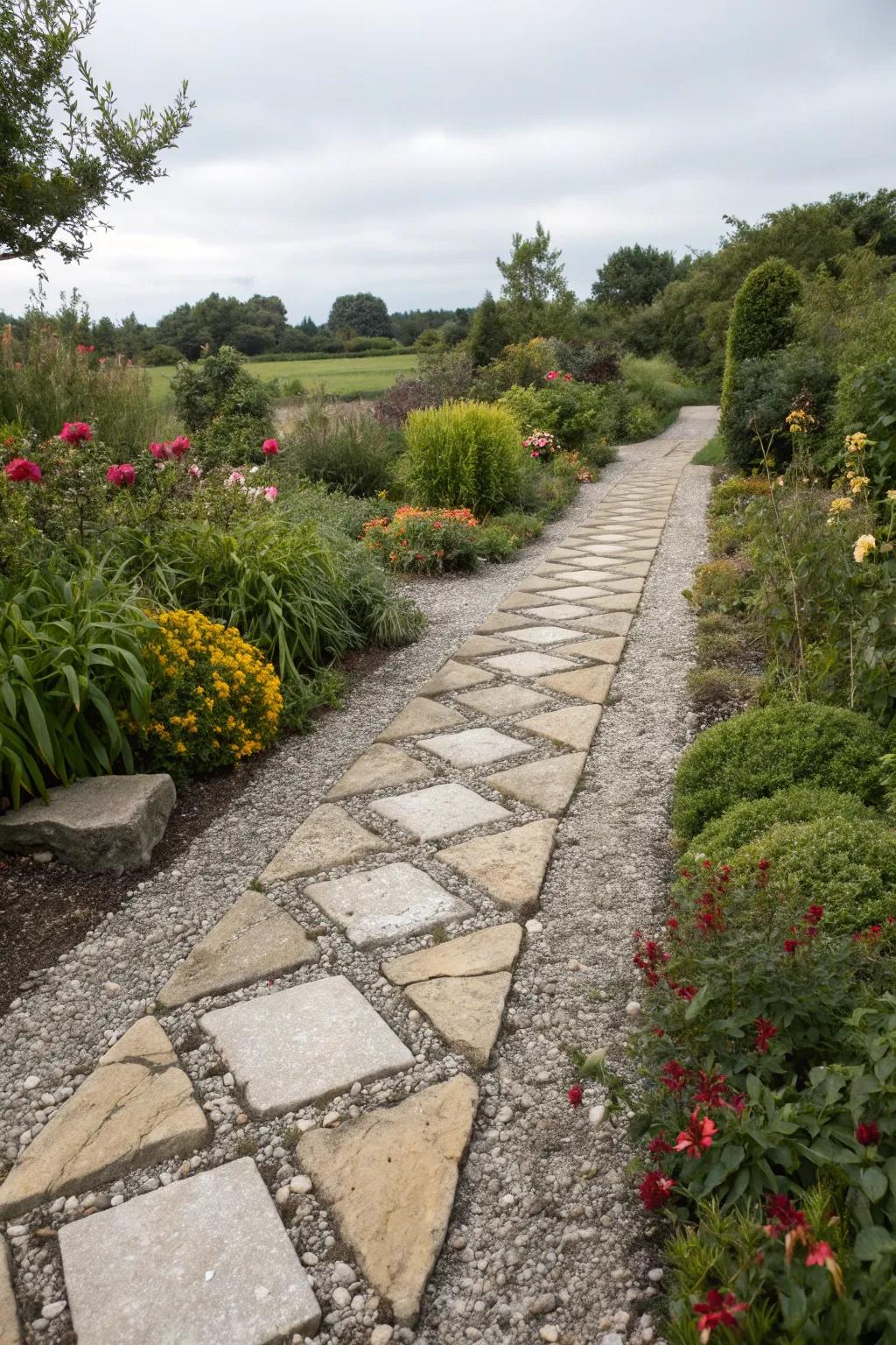 A textured garden path using a mix of gravel and stone.