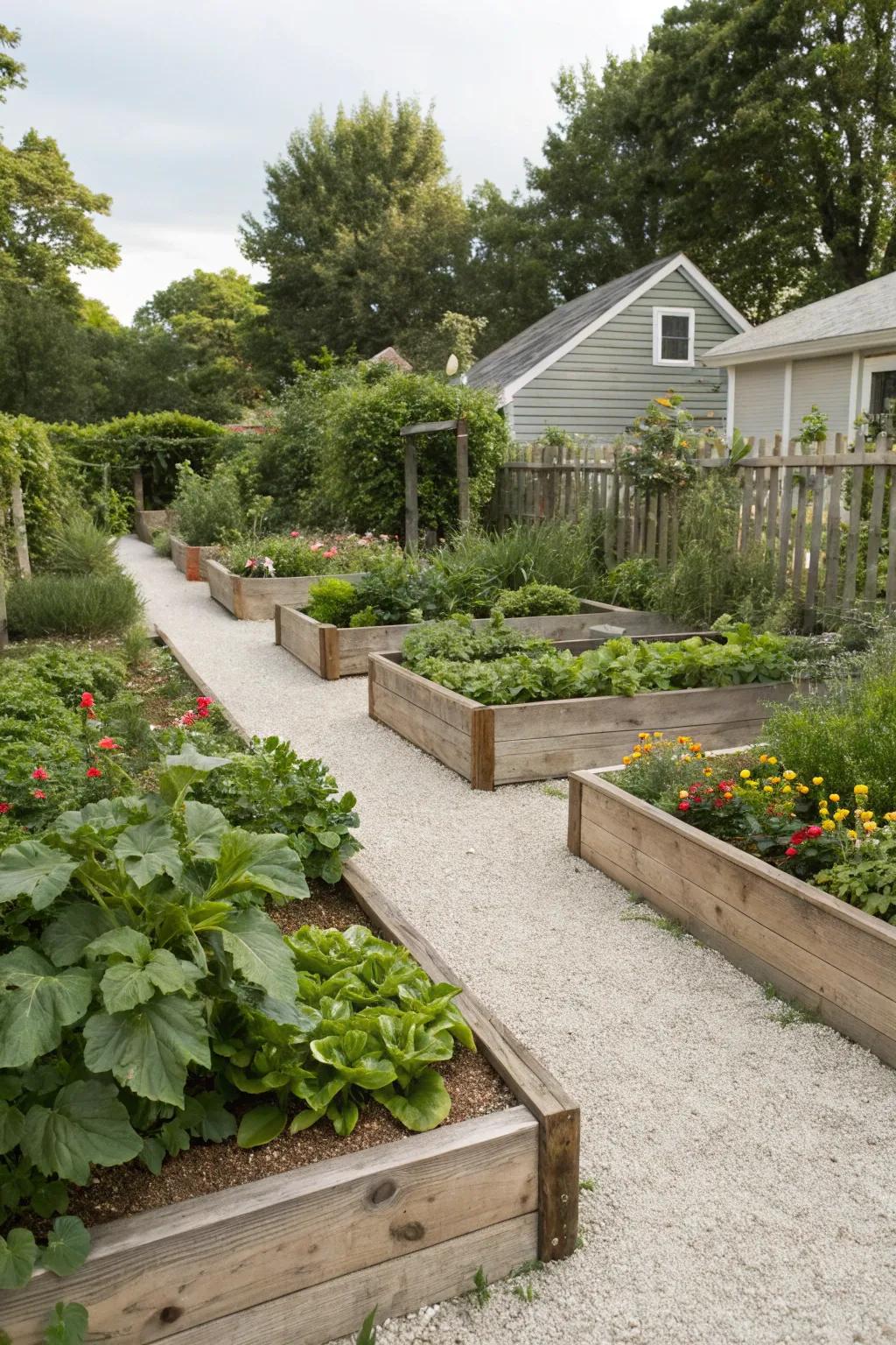 Blend beauty and practicality with raised garden beds and pea gravel paths.