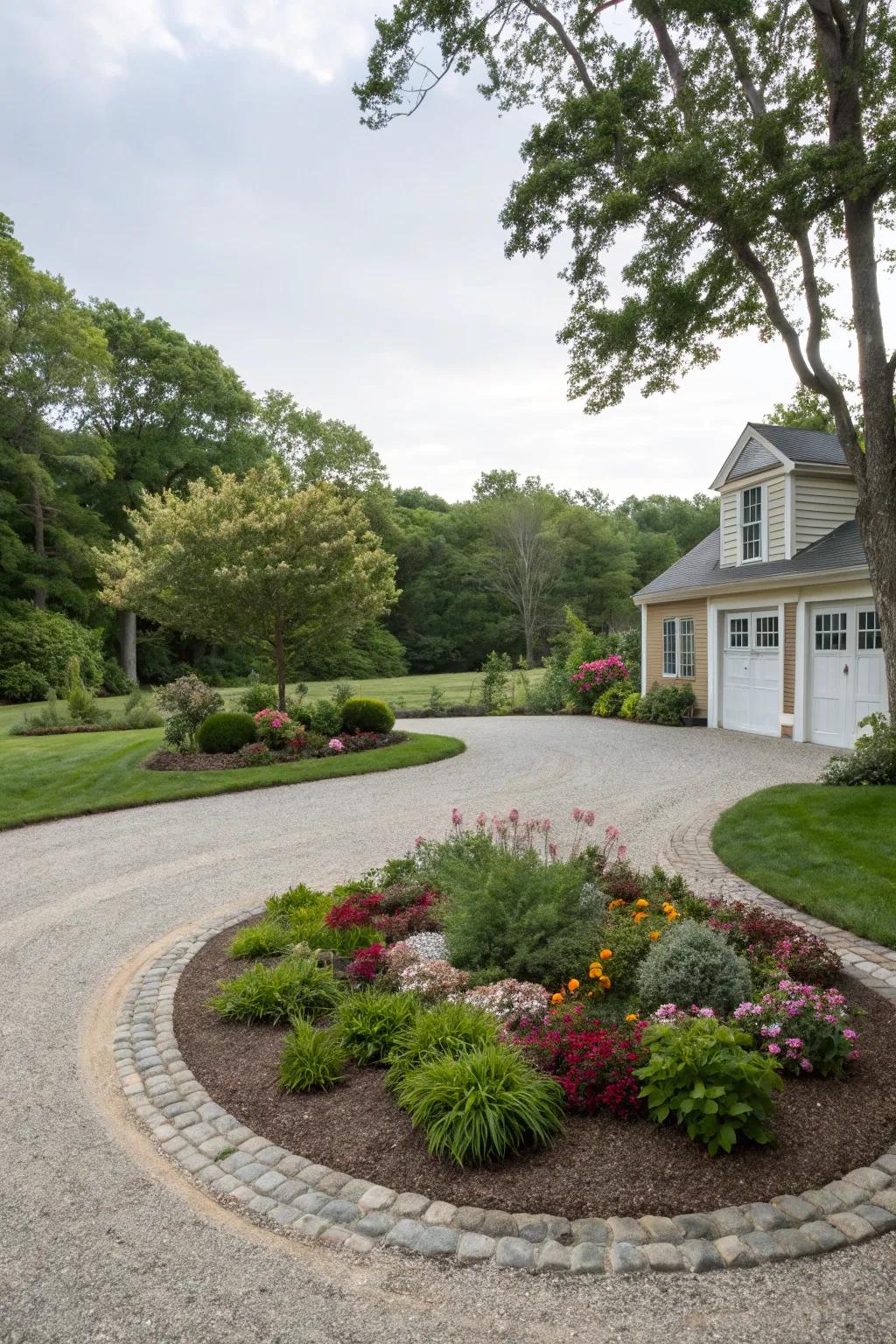 A circular pea gravel driveway with a decorative center island.