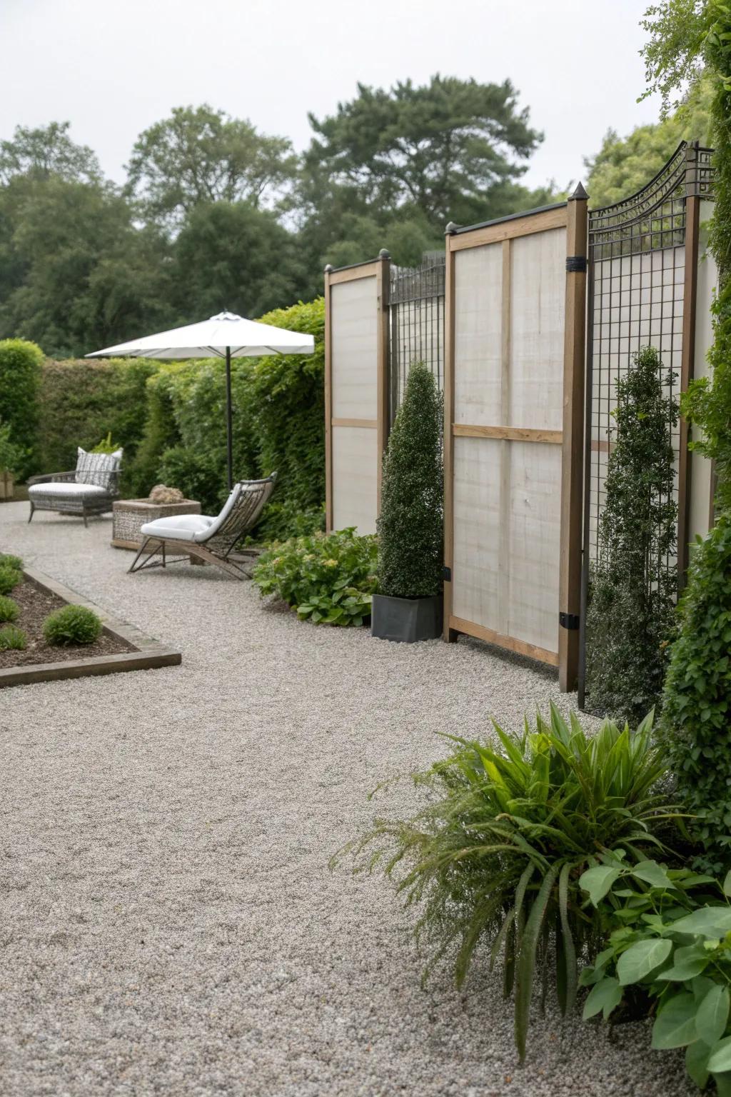 Privacy screens enhance intimacy on this pea gravel patio.