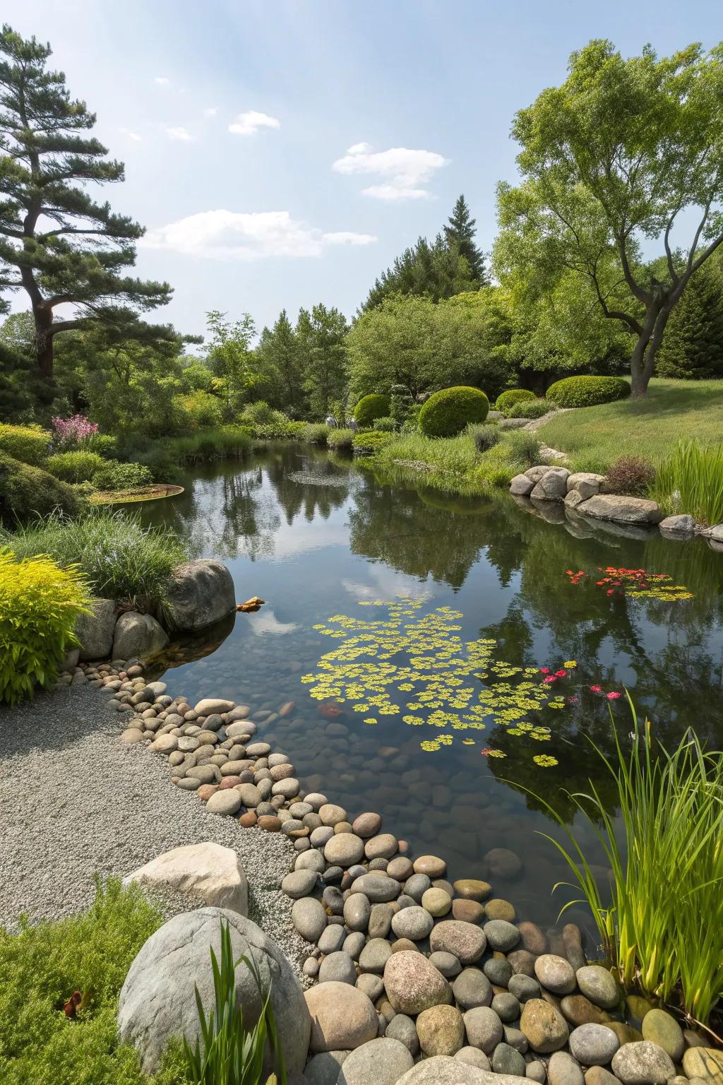 Pebbles enhance the natural beauty of a garden pond.