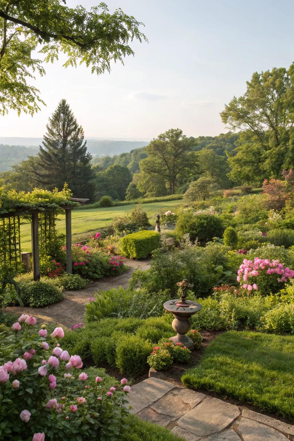 Lush greenery provides a serene and vibrant garden backdrop.