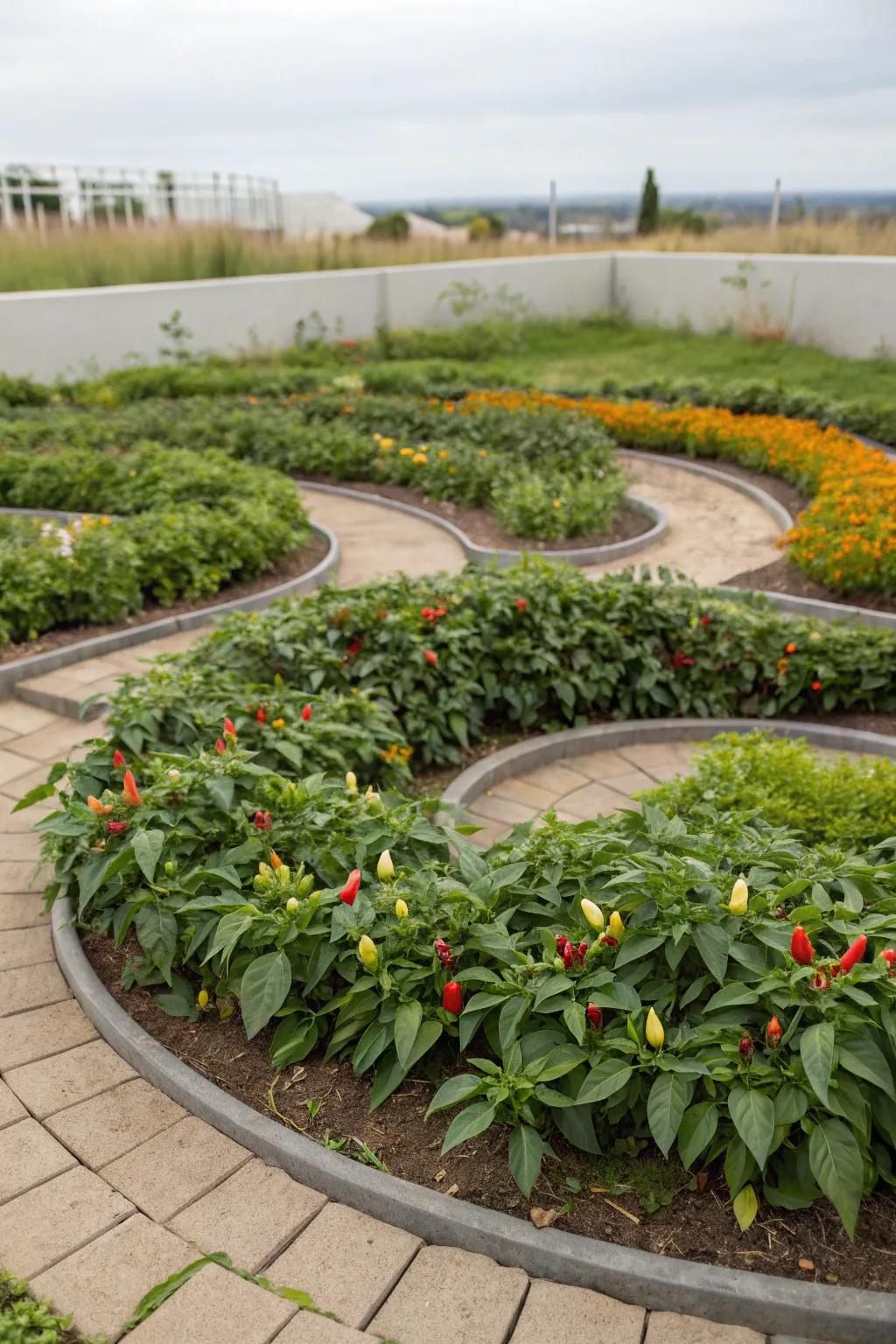 A circular pepper garden with a dynamic and eye-catching arrangement.