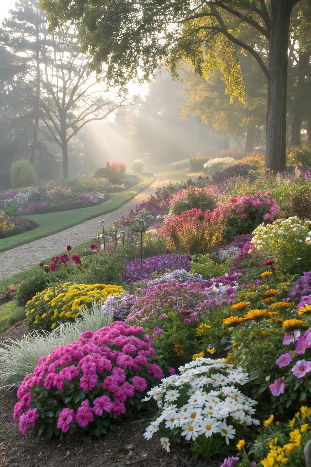 Diverse flower beds ensure year-round visual interest.