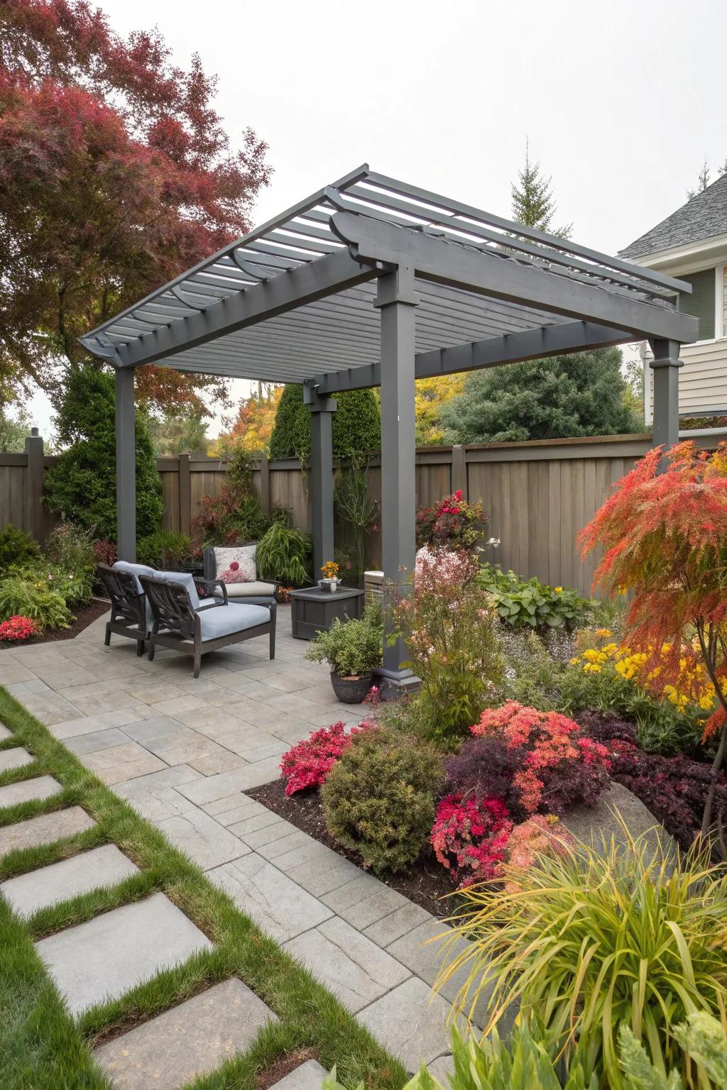 Gray pergolas offer a peaceful, neutral tone that complements any garden.