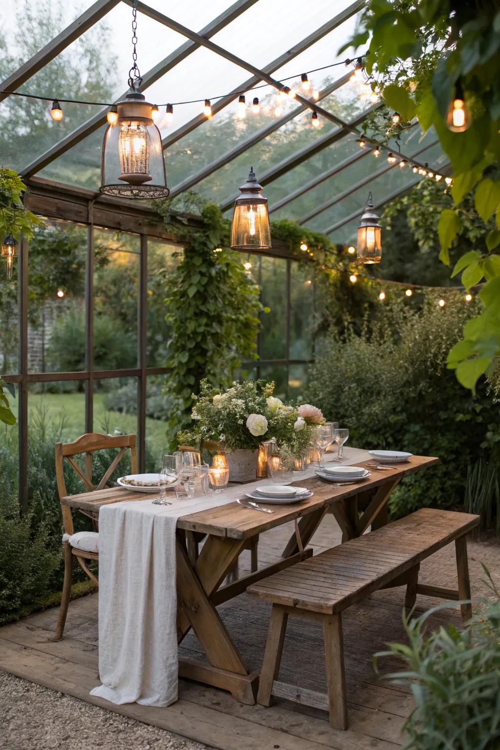An inviting al fresco dining oasis within a pergola greenhouse.