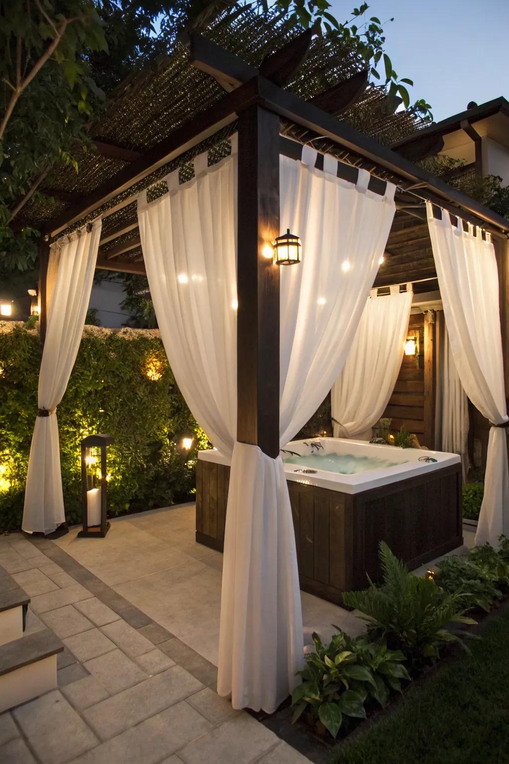 A pergola with elegant curtains providing privacy and style over a hot tub.