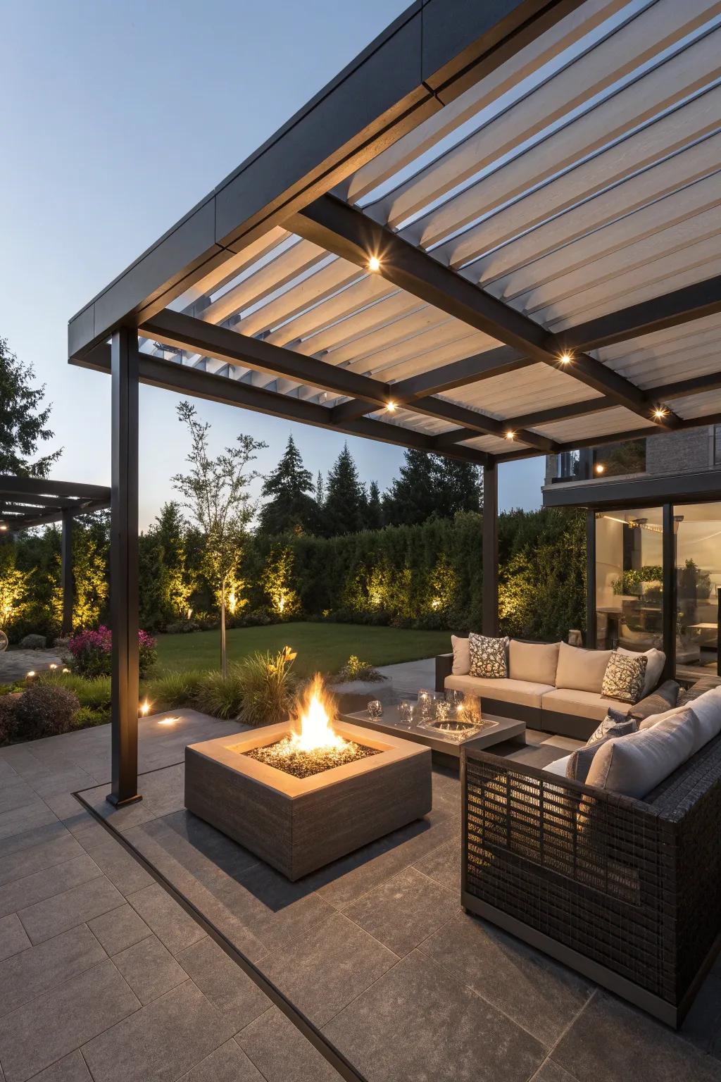 Gather around the fire pit for warmth and ambiance under your pergola.