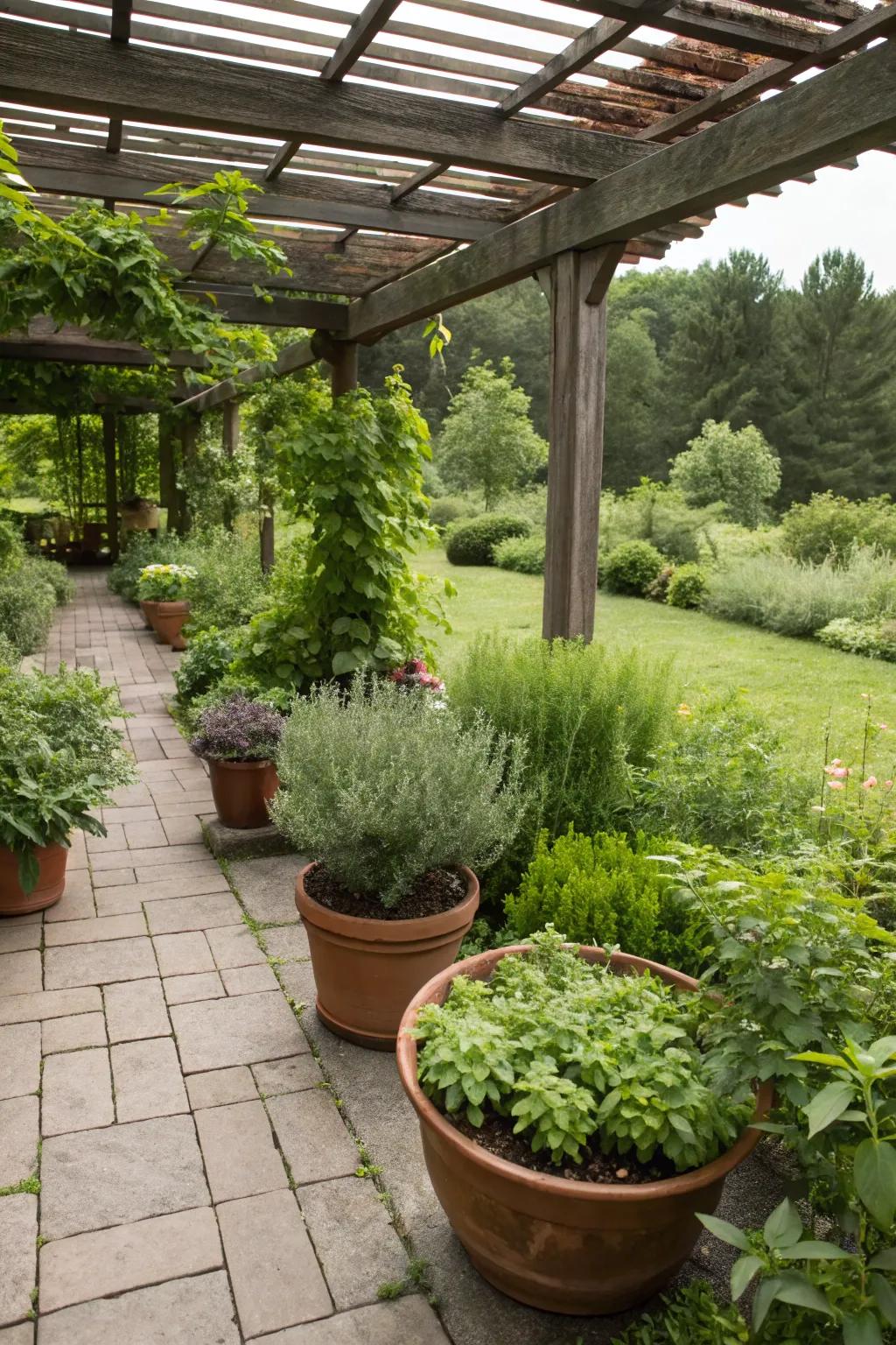Enhance your pergola with a fragrant herb garden.