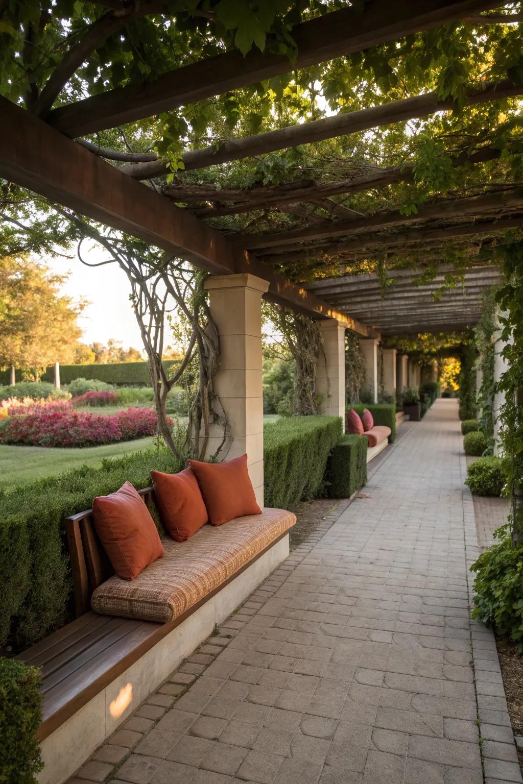 A welcoming seating area nestled under a pergola walkway.