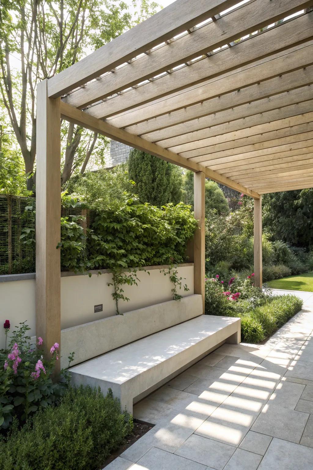 Modern minimalist bench seating under a sleek pergola.