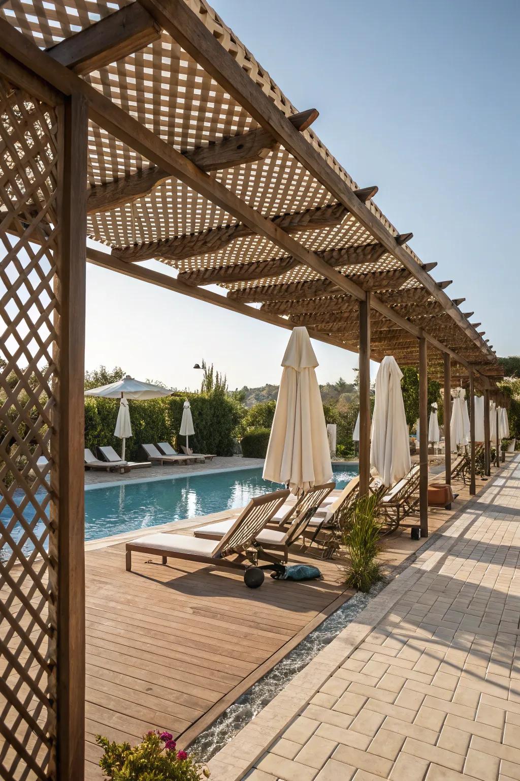 A poolside pergola provides the perfect summer retreat.