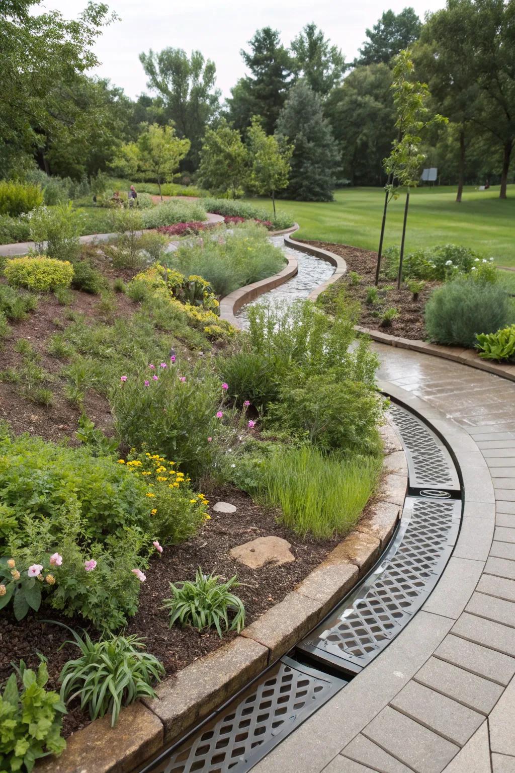 A water-conscious garden design featuring swales and rain gardens.