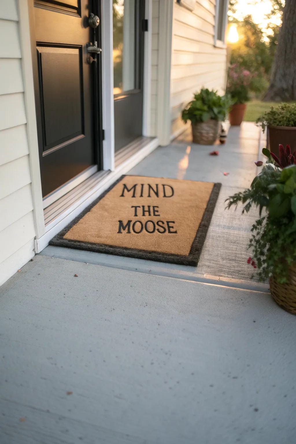 A door mat with a quirky quote to amuse guests.
