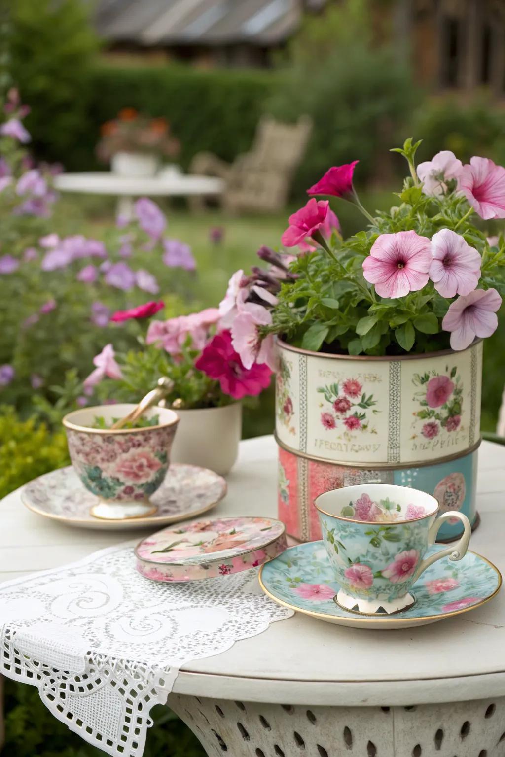 Add whimsy with repurposed vintage containers for your petunias.