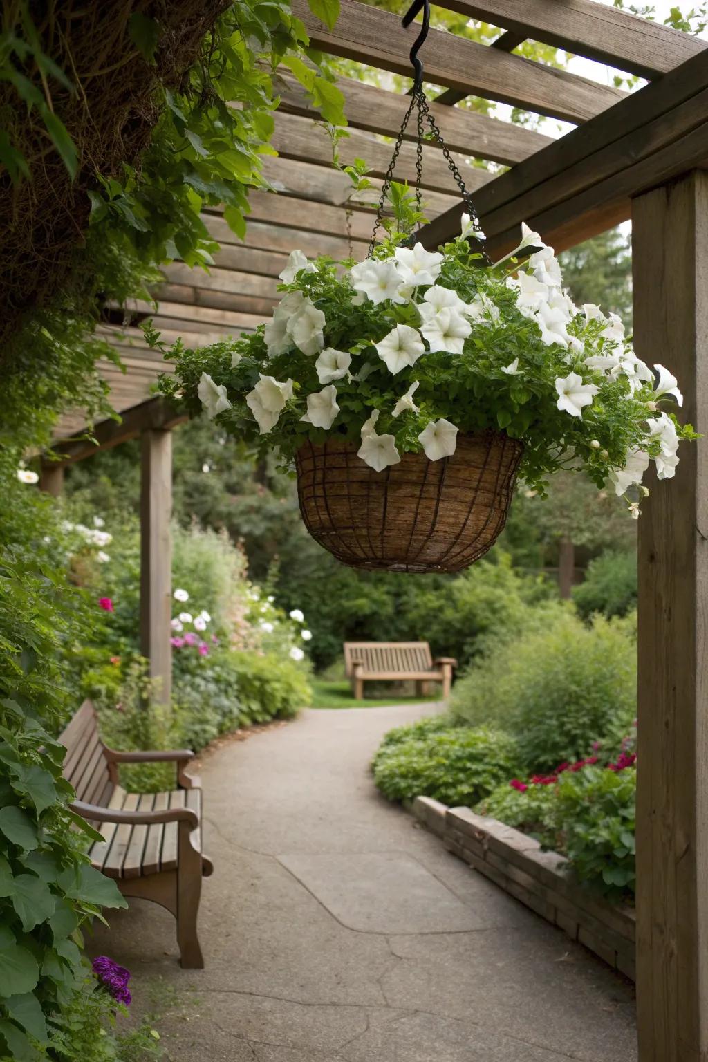 A serene display of white petunias for a calming effect.