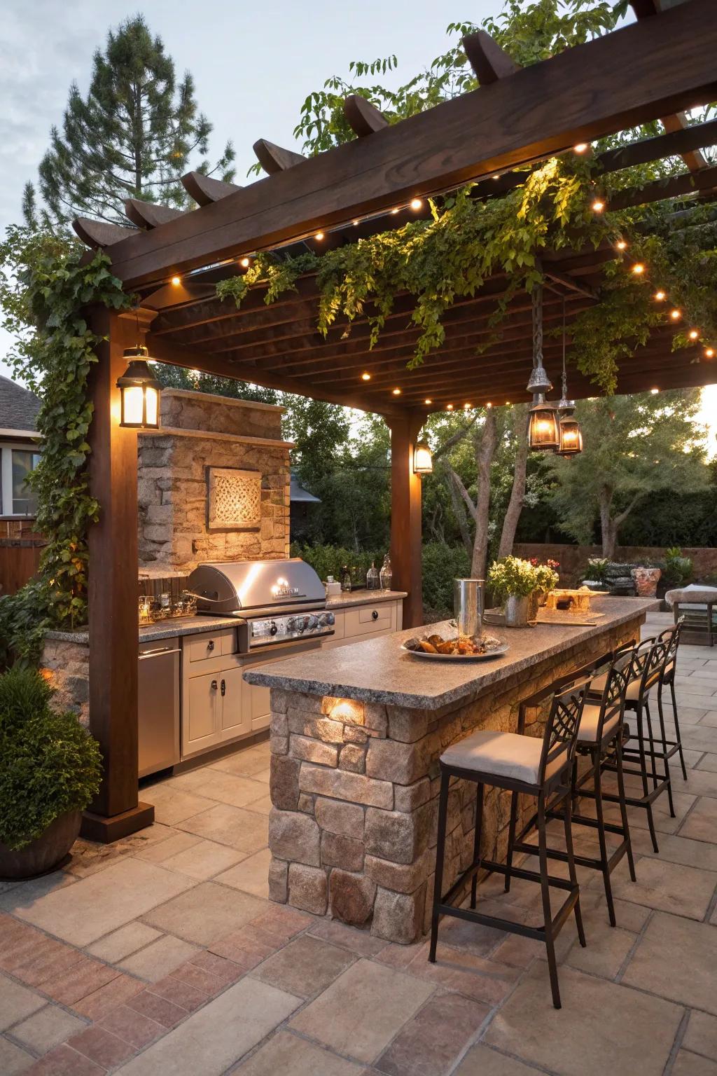 Cook and dine outdoors with a functional kitchen setup.