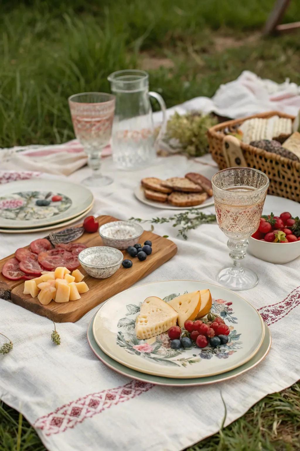 Elegant vintage tableware enhancing the picnic's aesthetic.