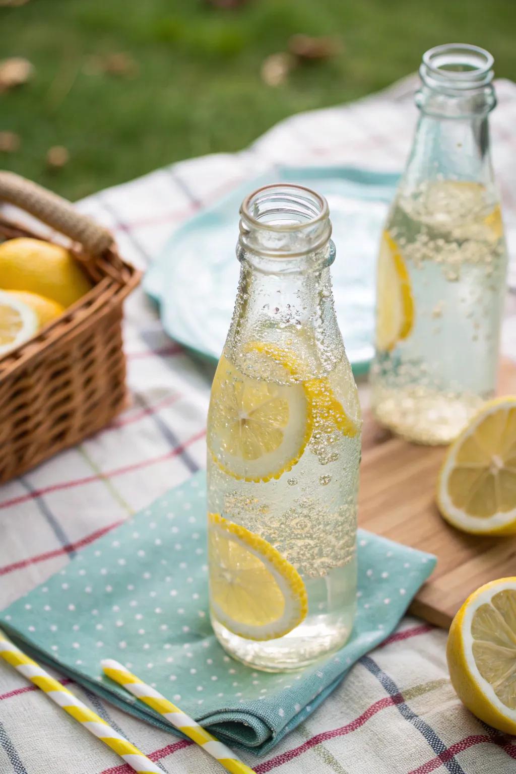 A bottle of sparkling lemonade is a refreshing addition to any picnic.
