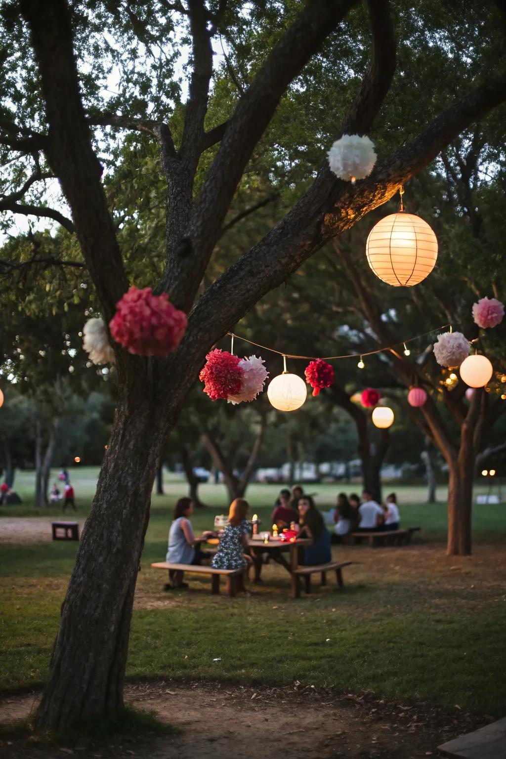 Nature's own ambiance is enhanced with lanterns and pom-poms.