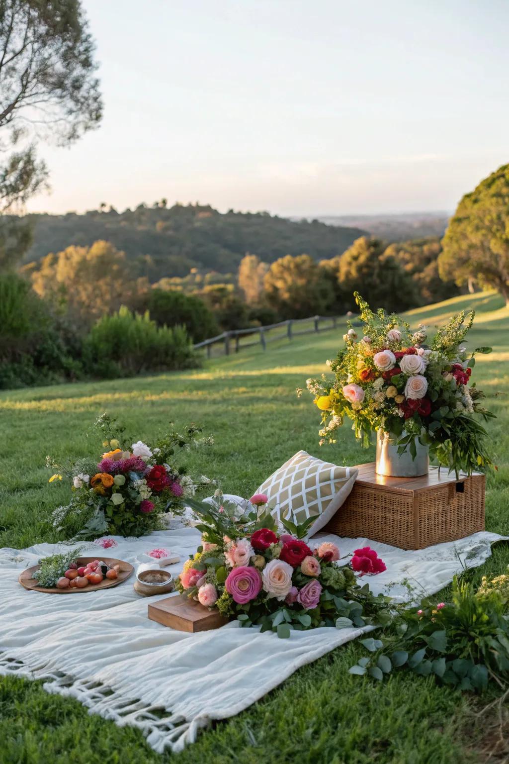 Flowers and greenery add an elegant touch to any picnic.
